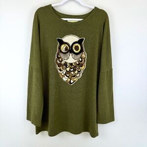 Olive Green Pullover Top Sewn Soft Applique Owl With Sequins / Size XL